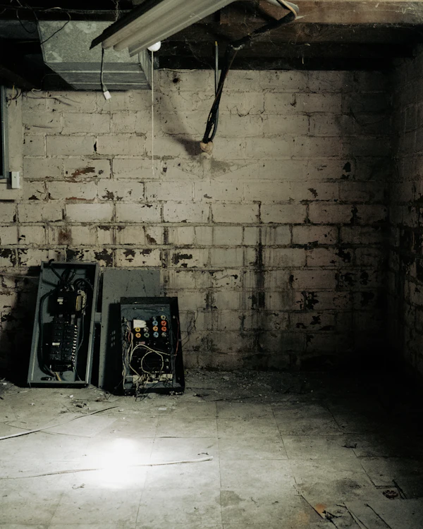 Old control boxes on a brick basement wall
