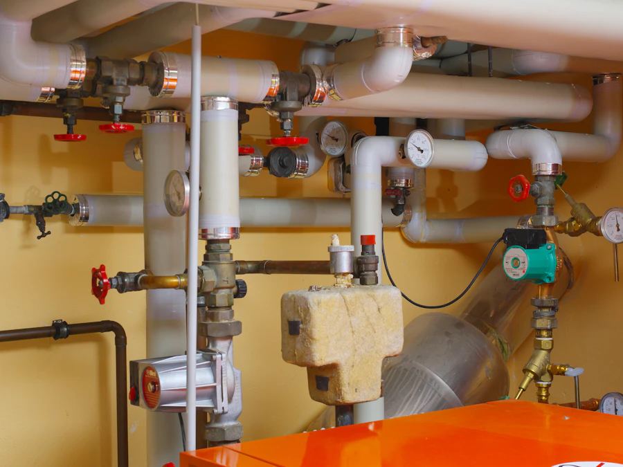Boiler room with an expansion tank, valves, and copper piping