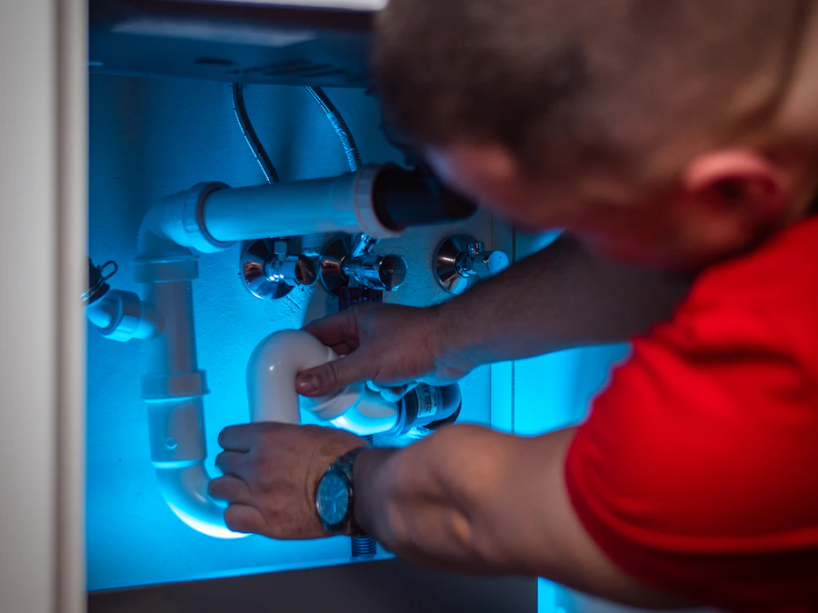 Plumber tightening a fitting under a sink